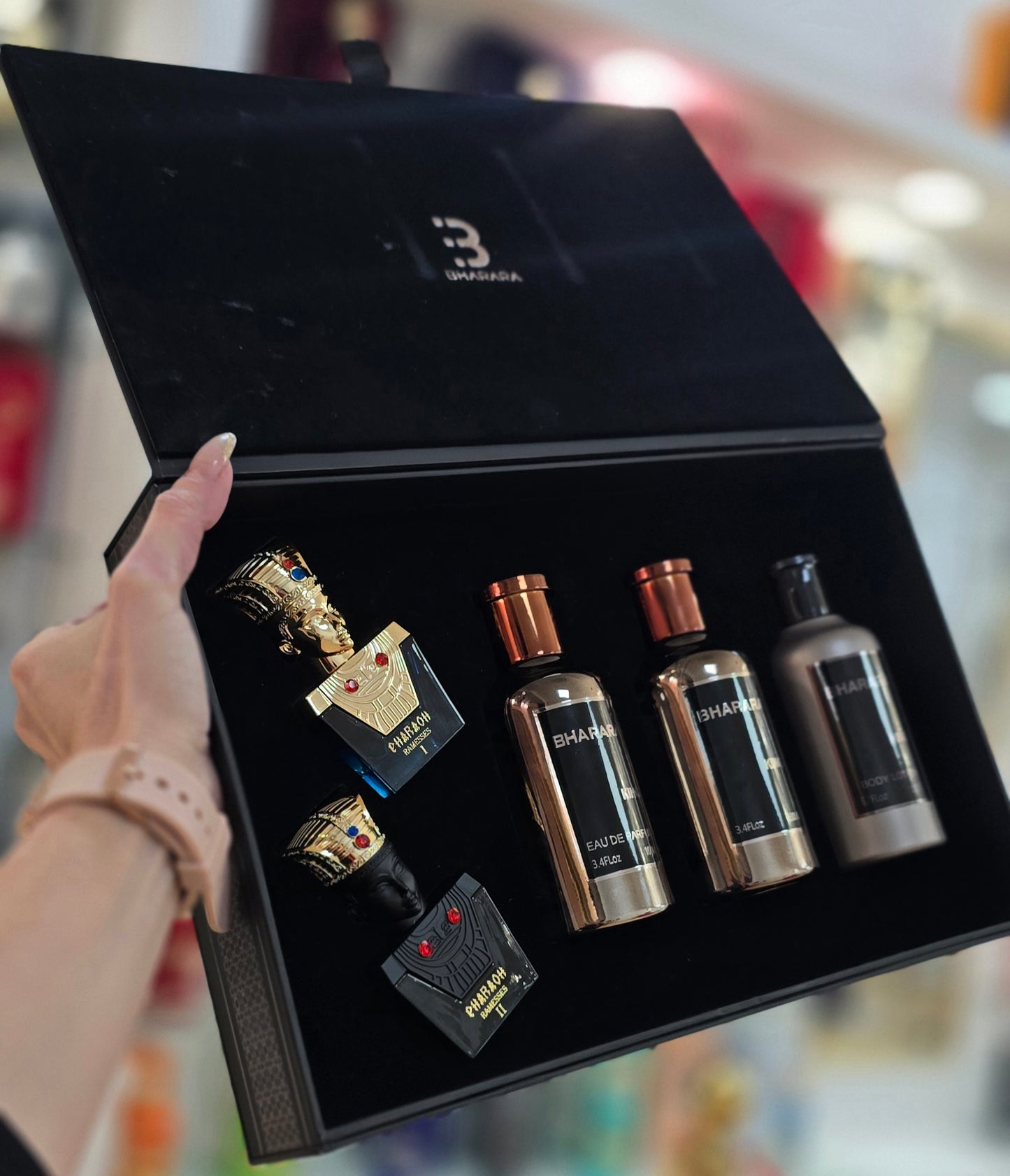 SET BAHARARA 5 PCS.. EDP.100ml... body mist 100ml body lotion 100 ml PHARAON RAMESSES I..10ml...PHARAON RAMESSE II 10ml