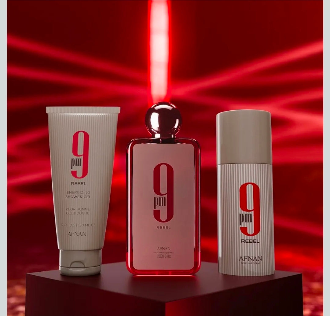Afnan 9 PM Rebel Unisex Luxury Perfume Gift Set – Eau De Parfum (3.4 Oz), Deodorant (5.0 Oz), Shower Gel (5.0 Oz)