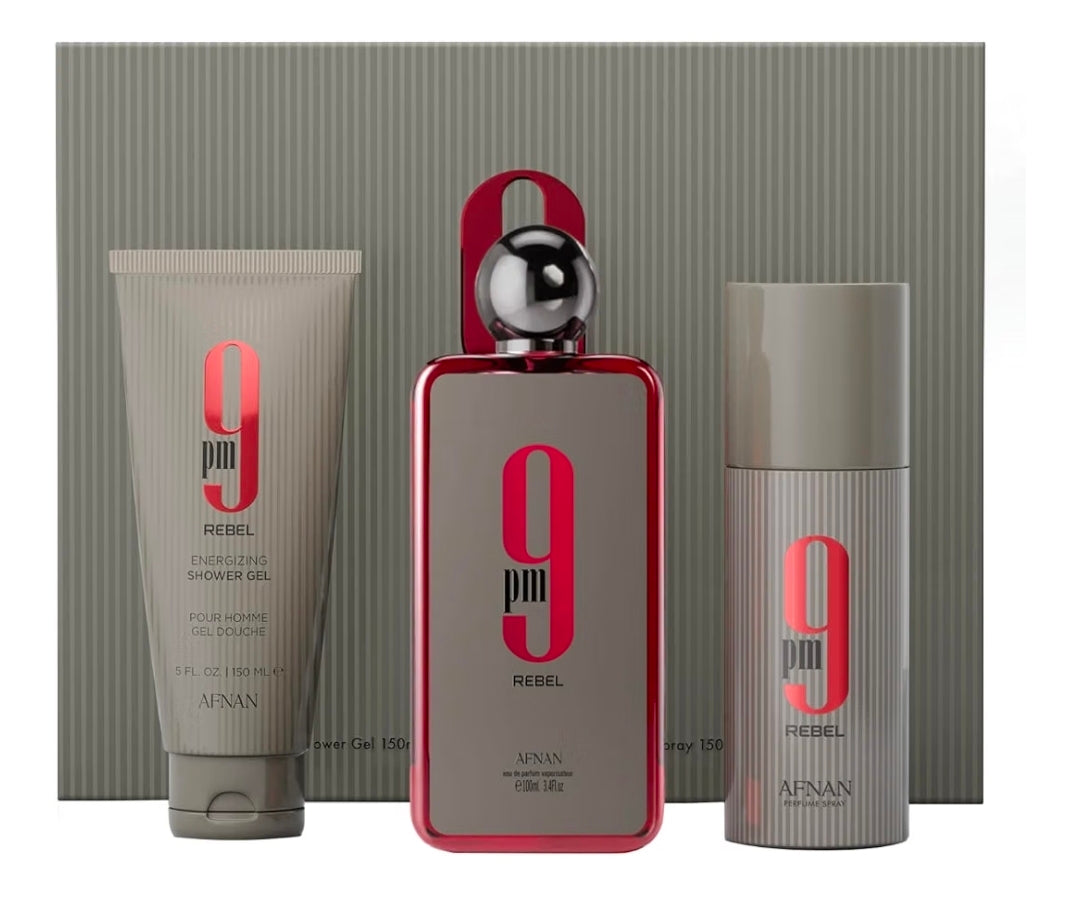 Afnan 9 PM Rebel Unisex Luxury Perfume Gift Set – Eau De Parfum (3.4 Oz), Deodorant (5.0 Oz), Shower Gel (5.0 Oz)